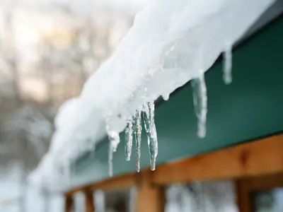 a roof with snow and icicles